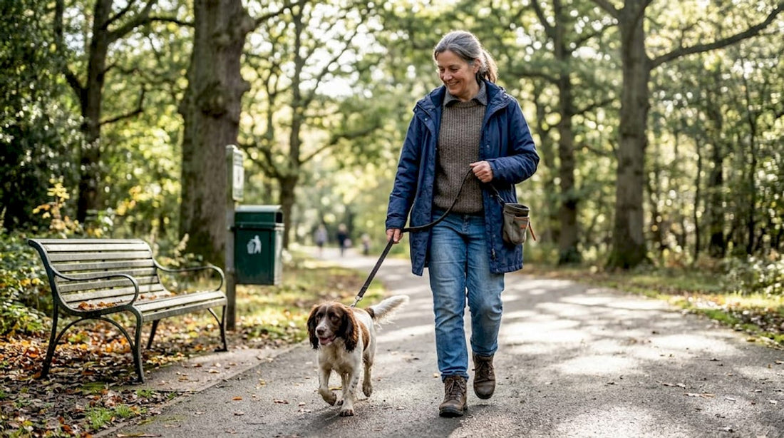 Woman walking spaniel with practical gear