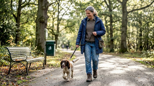 Woman walking spaniel with practical gear