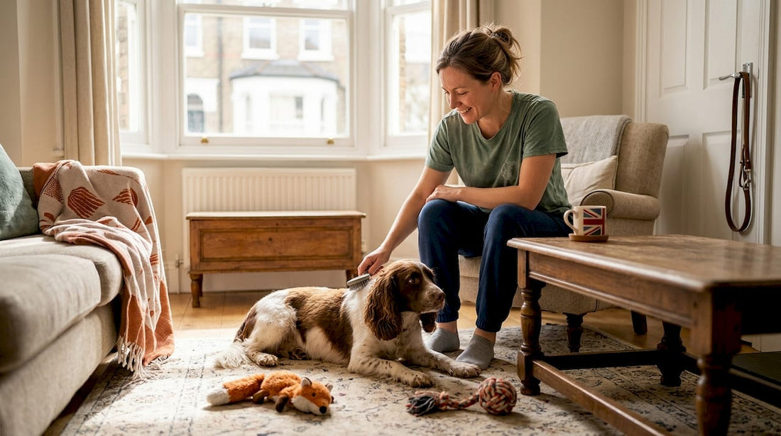 Dog owner brushing dog in London living room