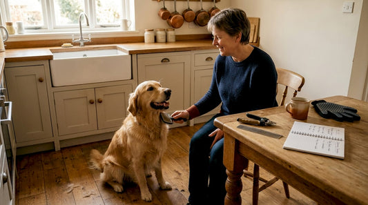 Owner grooming dog with tools in kitchen
