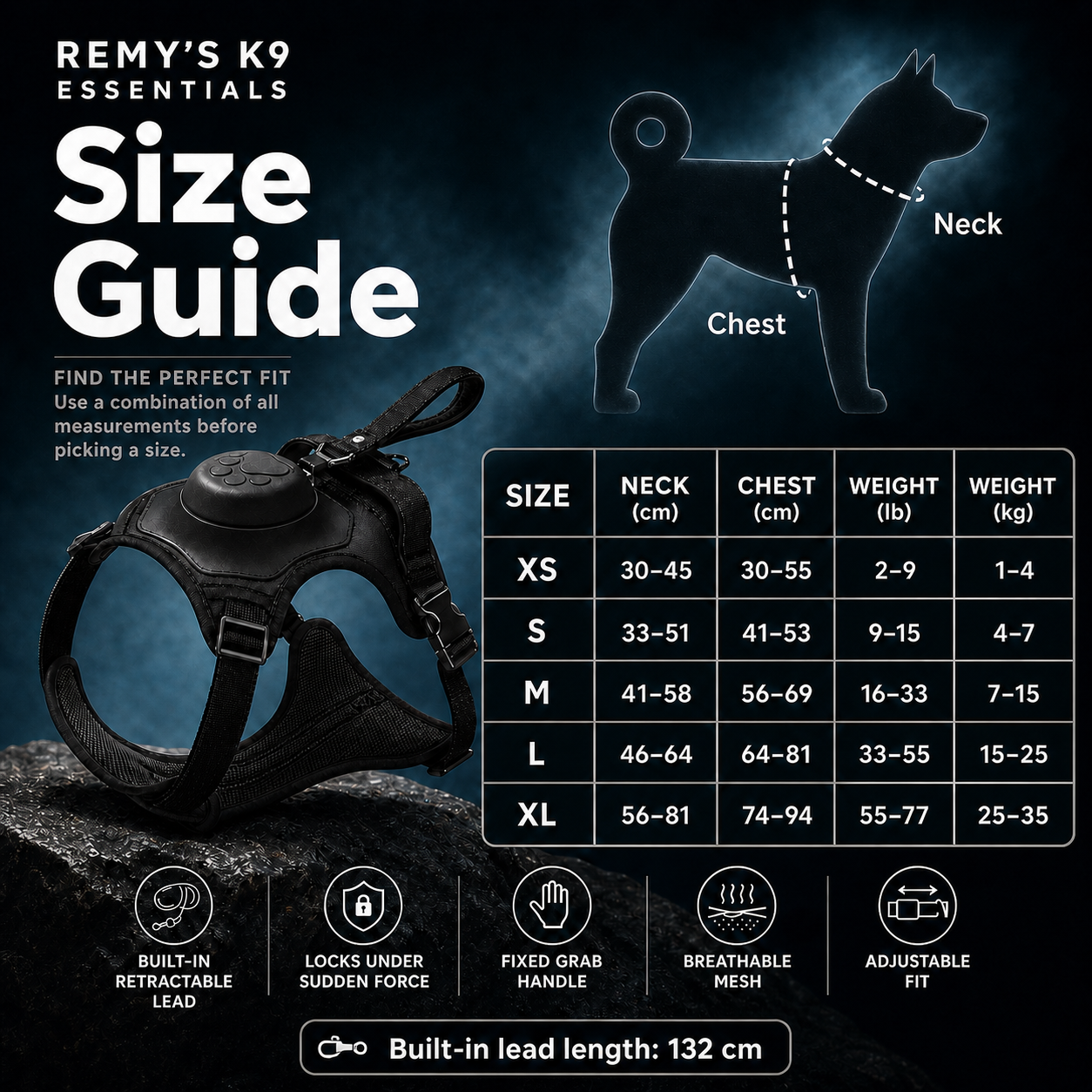 Remy's K9 Essentials size guide for their Click & Go Harness with measurements and features.