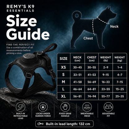 Remy's K9 Essentials size guide for their Click & Go Harness with measurements and features.