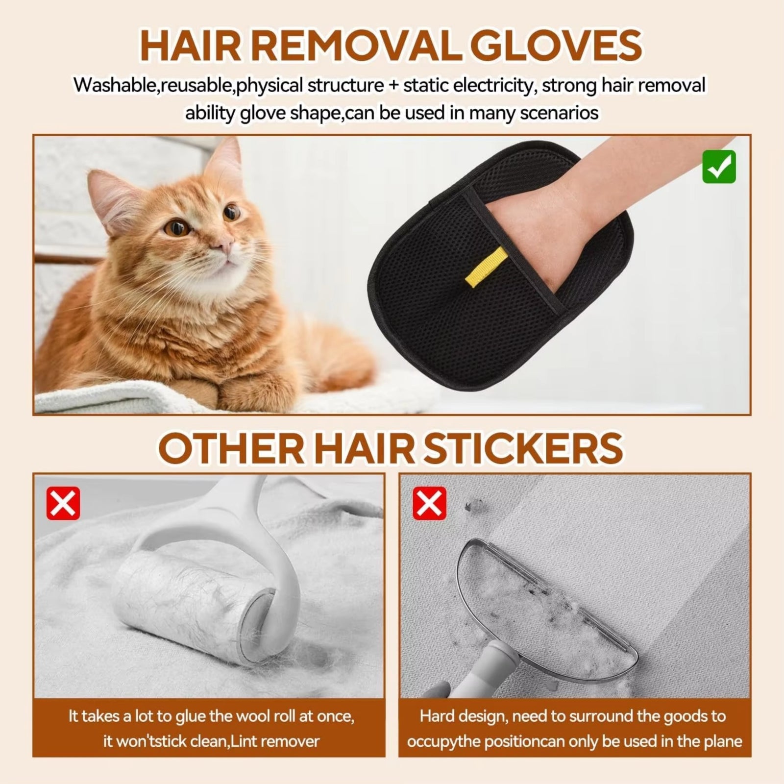 Electrostatic Pet Hair Removal Gloves Brush , Double-Sided Pet Grooming Glove