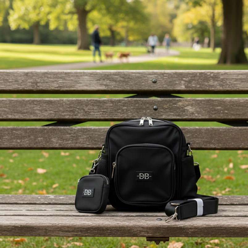 Black bag with a visible brand logo on a wooden bench in a park.