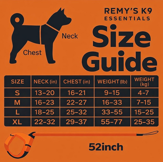 Size guide for Click& GO Harness by Remy's K9 Essentials on an orange background